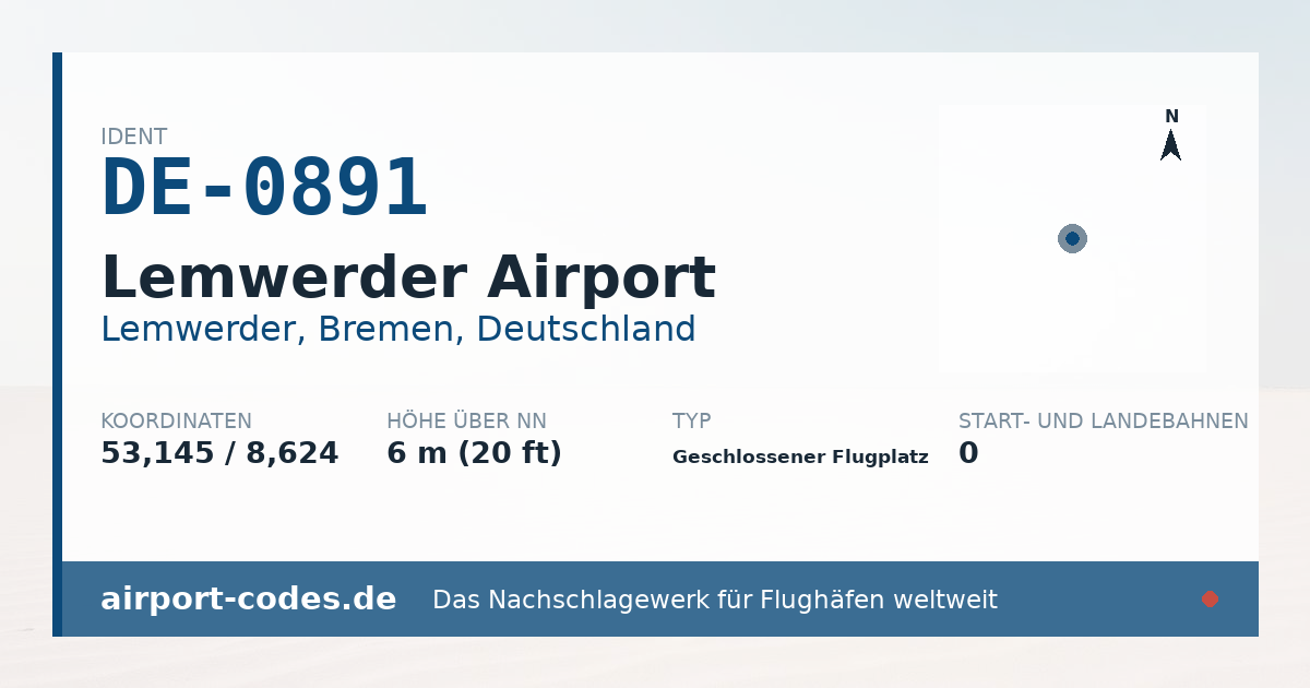 Generierte Übersichtsgrafik zum Flughafen Lemwerder Airport mit Codes, Koordinaten und Bahnenskizze
