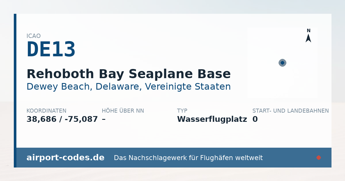 Generierte Übersichtsgrafik zum Flughafen Rehoboth Bay Seaplane Base mit Codes, Koordinaten und Bahnenskizze