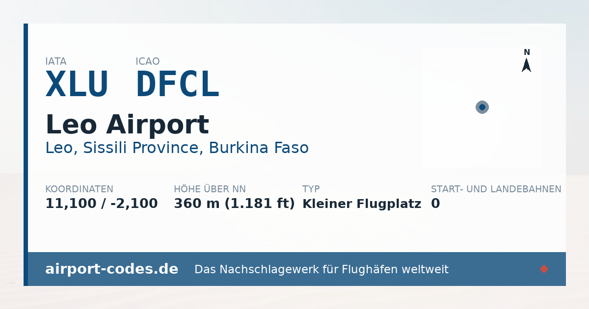 Generierte Übersichtsgrafik zum Flughafen Leo Airport mit Codes, Koordinaten und Bahnenskizze