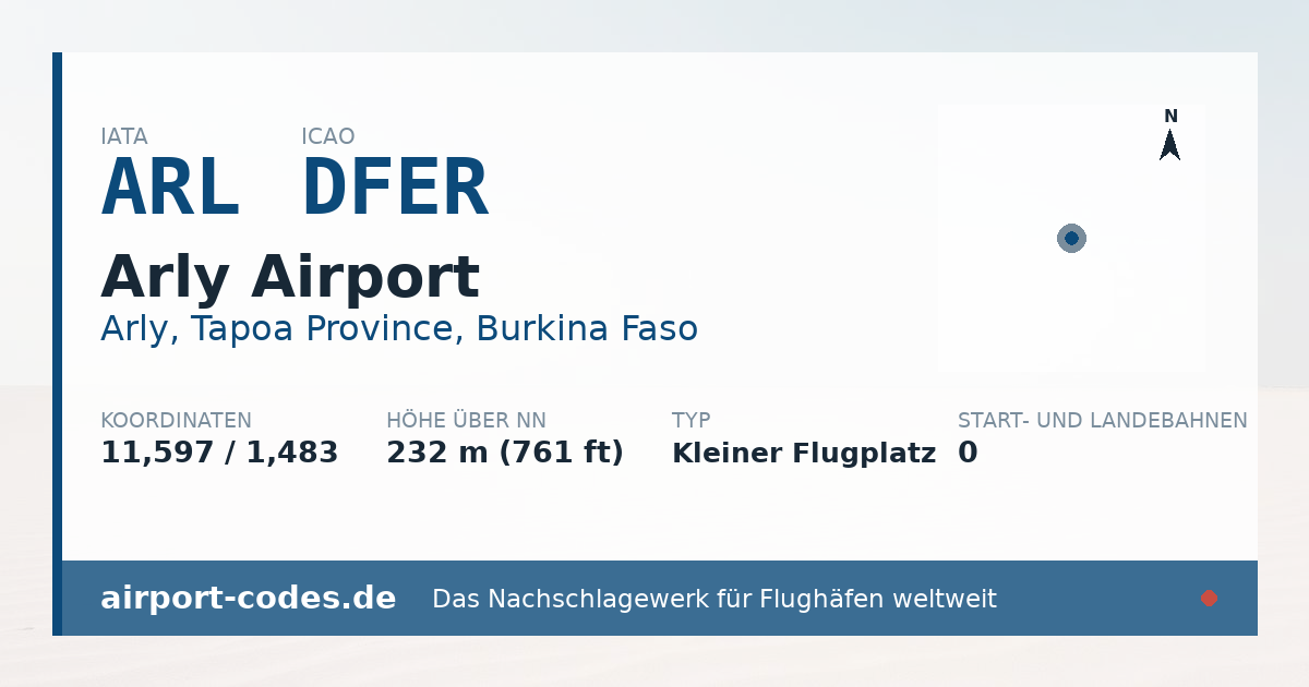 Generierte Übersichtsgrafik zum Flughafen Arly Airport mit Codes, Koordinaten und Bahnenskizze