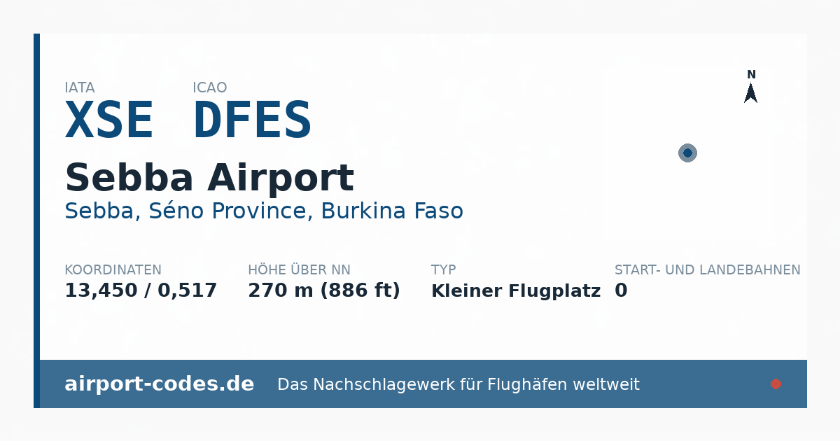 Generierte Übersichtsgrafik zum Flughafen Sebba Airport mit Codes, Koordinaten und Bahnenskizze