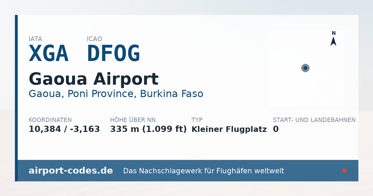 Generierte Übersichtsgrafik zum Flughafen Gaoua Airport mit Codes, Koordinaten und Bahnenskizze