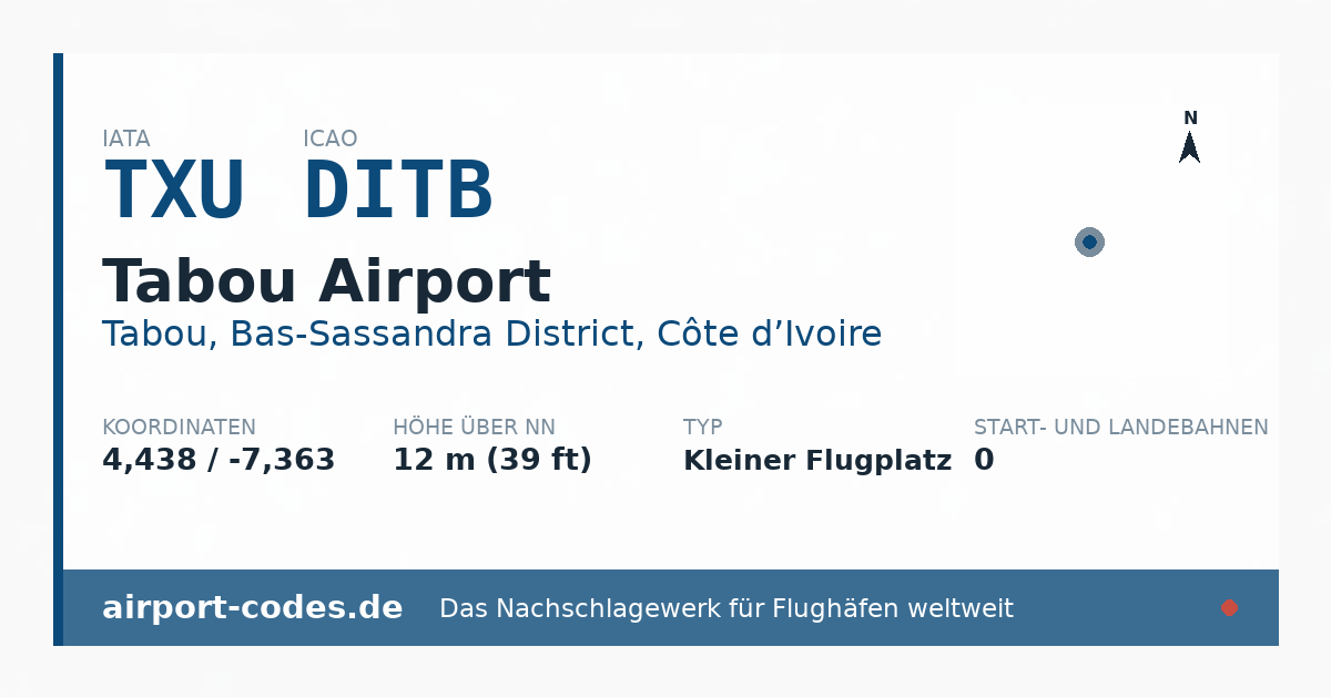Generierte Übersichtsgrafik zum Flughafen Tabou Airport mit Codes, Koordinaten und Bahnenskizze