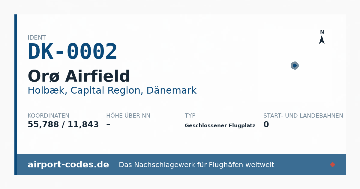 Generierte Übersichtsgrafik zum Flughafen Orø Airfield mit Codes, Koordinaten und Bahnenskizze