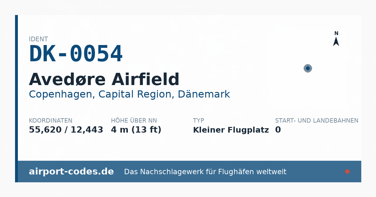 Generierte Übersichtsgrafik zum Flughafen Avedøre Airfield mit Codes, Koordinaten und Bahnenskizze