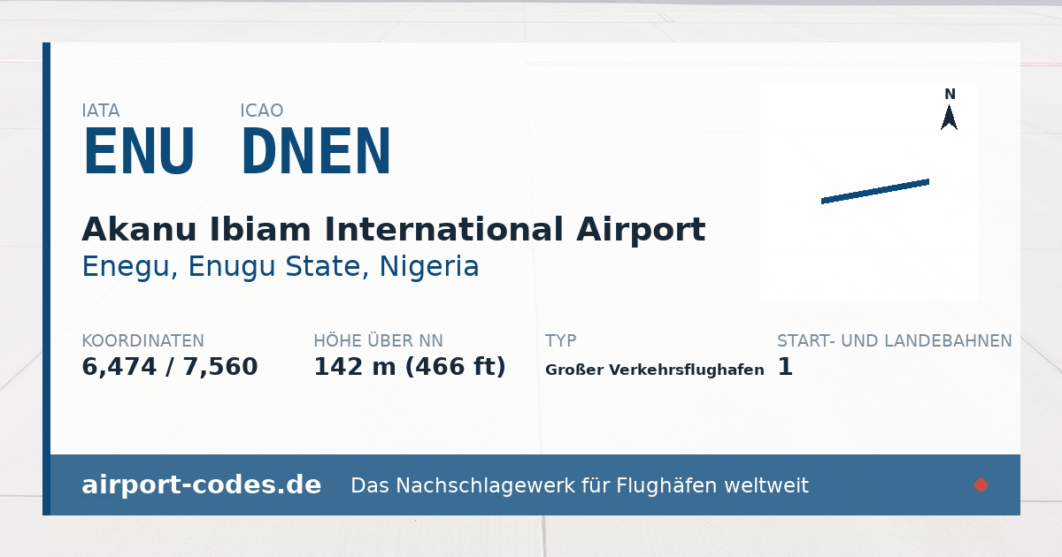 Generierte Übersichtsgrafik zum Flughafen Akanu Ibiam International Airport mit Codes, Koordinaten und Bahnenskizze