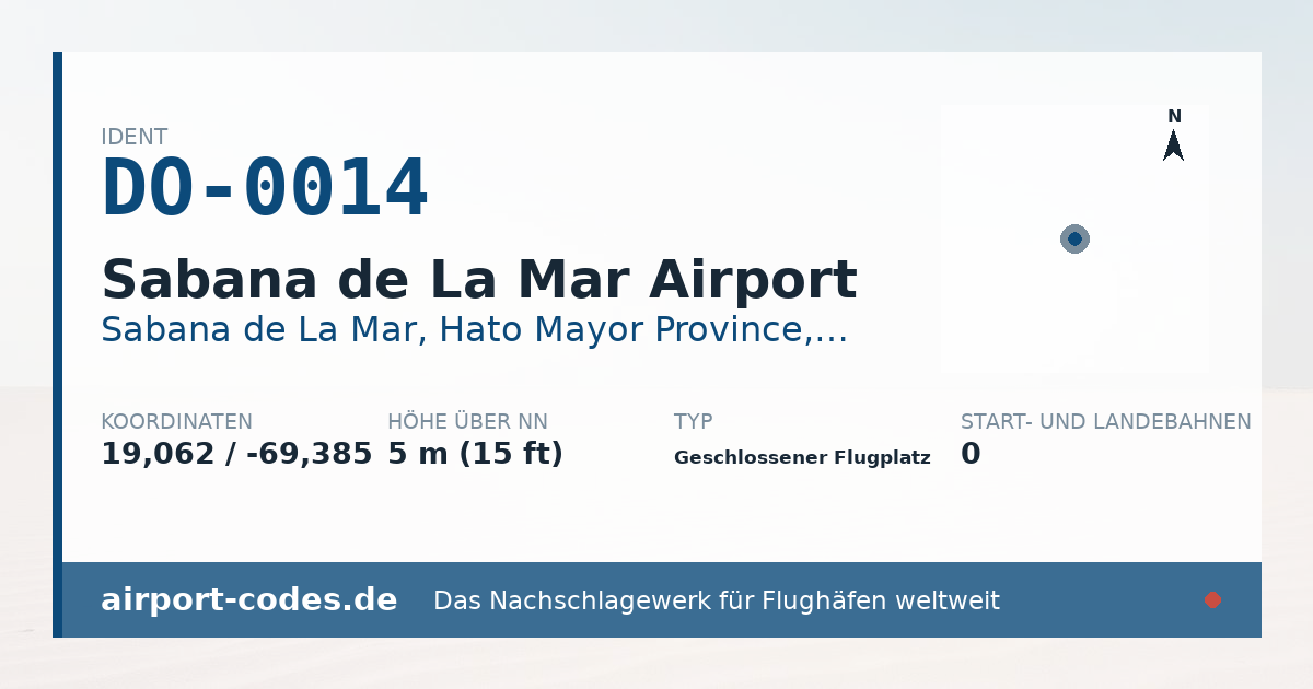 Generierte Übersichtsgrafik zum Flughafen Sabana de La Mar Airport mit Codes, Koordinaten und Bahnenskizze