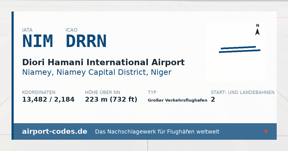 Generierte Übersichtsgrafik zum Flughafen Diori Hamani International Airport mit Codes, Koordinaten und Bahnenskizze
