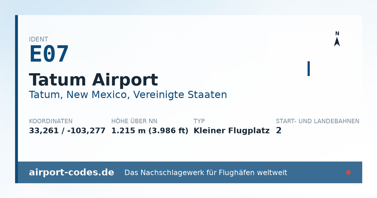 Generierte Übersichtsgrafik zum Flughafen Tatum Airport mit Codes, Koordinaten und Bahnenskizze