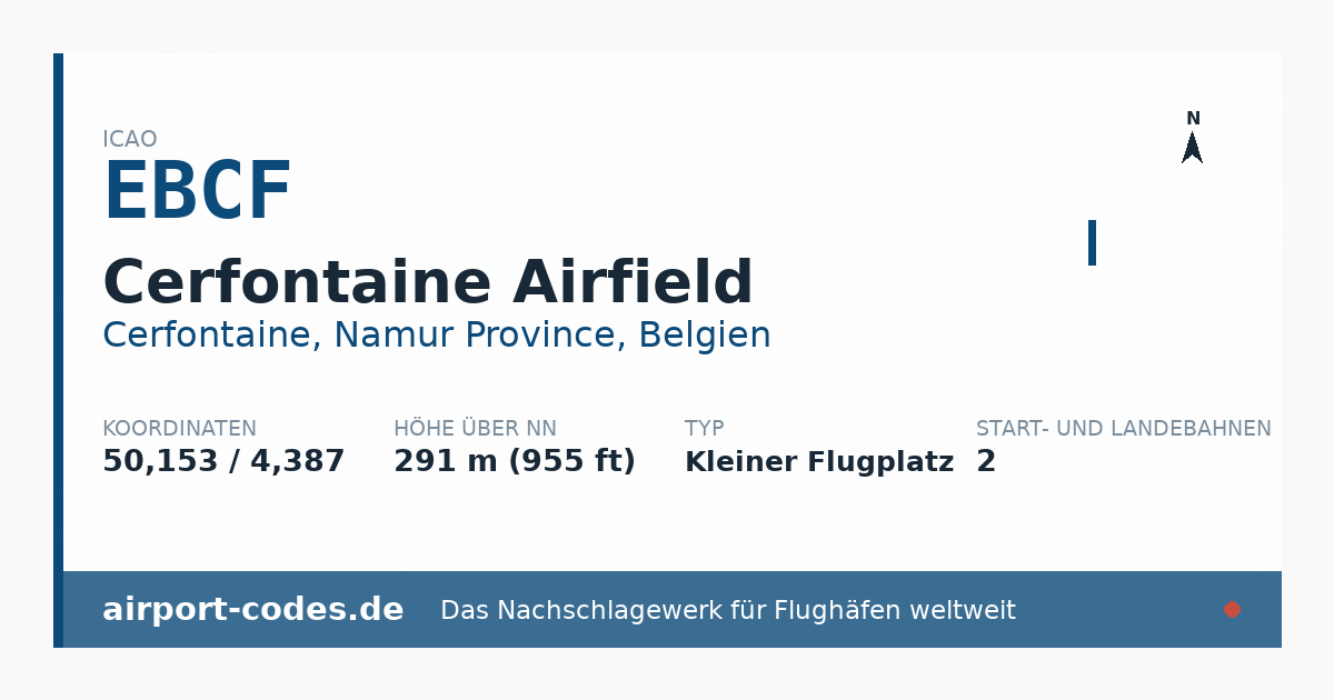 Generierte Übersichtsgrafik zum Flughafen Cerfontaine Airfield mit Codes, Koordinaten und Bahnenskizze