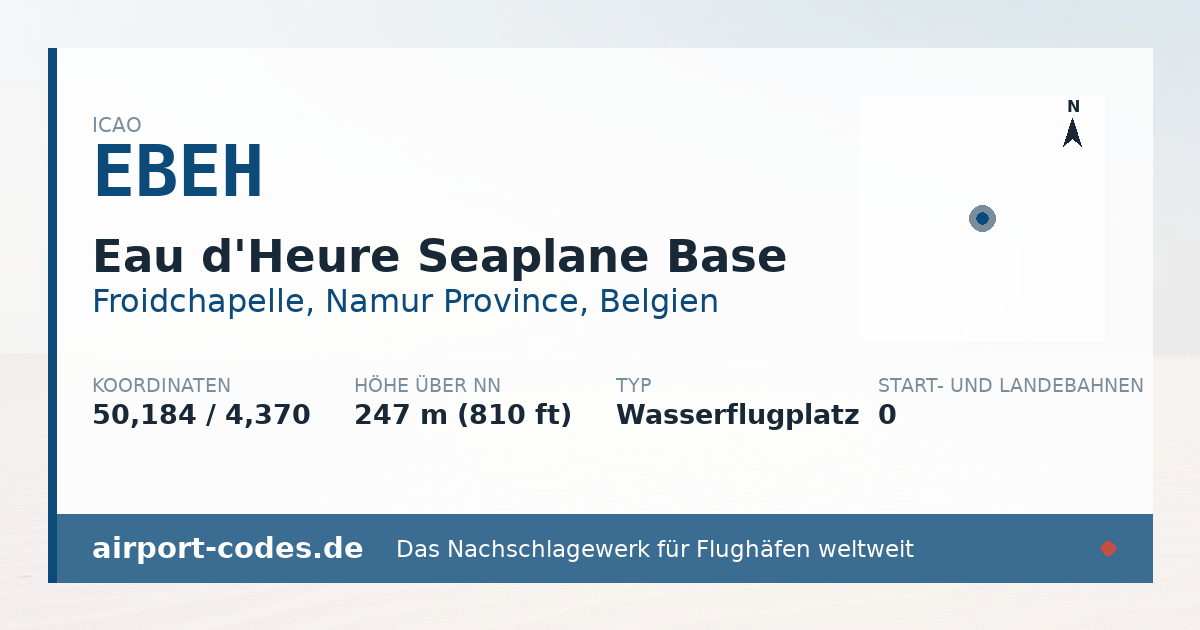Generierte Übersichtsgrafik zum Flughafen Eau d'Heure Seaplane Base mit Codes, Koordinaten und Bahnenskizze