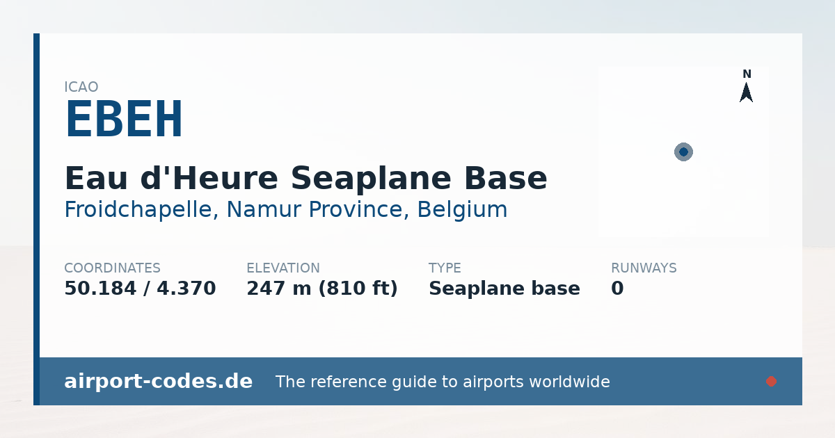 Generated summary graphic for Eau d'Heure Seaplane Base showing codes, coordinates and a runway sketch