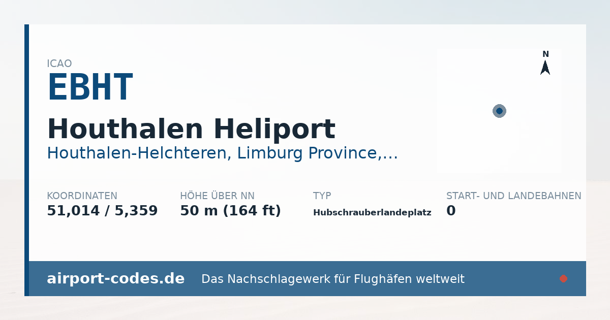 Generierte Übersichtsgrafik zum Flughafen Houthalen Heliport mit Codes, Koordinaten und Bahnenskizze