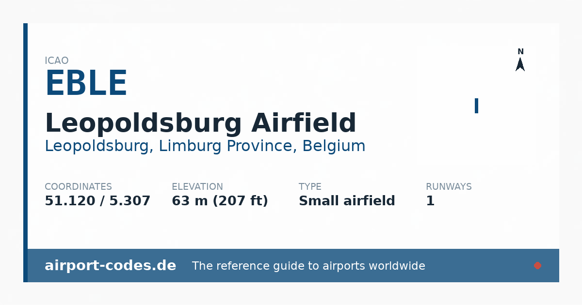 Generated summary graphic for Leopoldsburg Airfield showing codes, coordinates and a runway sketch