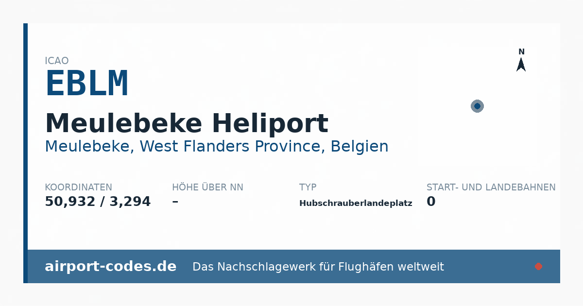Generierte Übersichtsgrafik zum Flughafen Meulebeke Heliport mit Codes, Koordinaten und Bahnenskizze