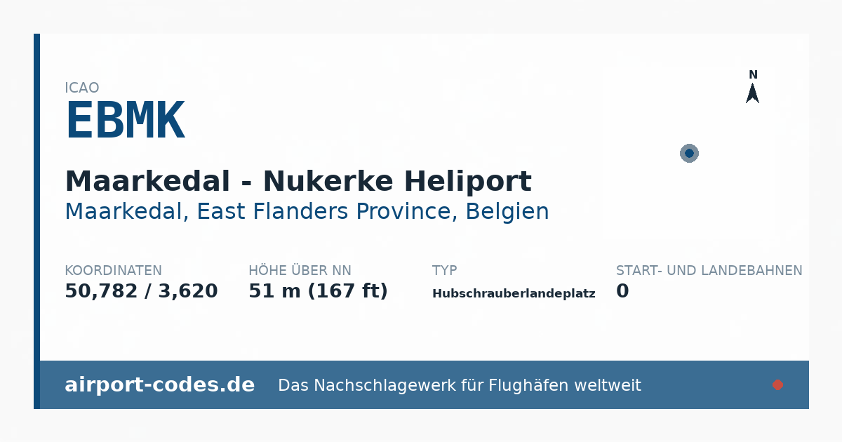 Generierte Übersichtsgrafik zum Flughafen Maarkedal - Nukerke Heliport mit Codes, Koordinaten und Bahnenskizze