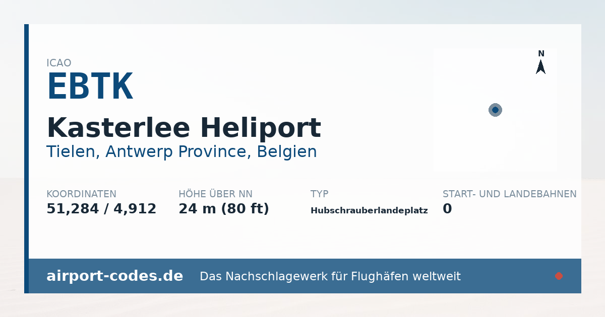 Generierte Übersichtsgrafik zum Flughafen Kasterlee Heliport mit Codes, Koordinaten und Bahnenskizze