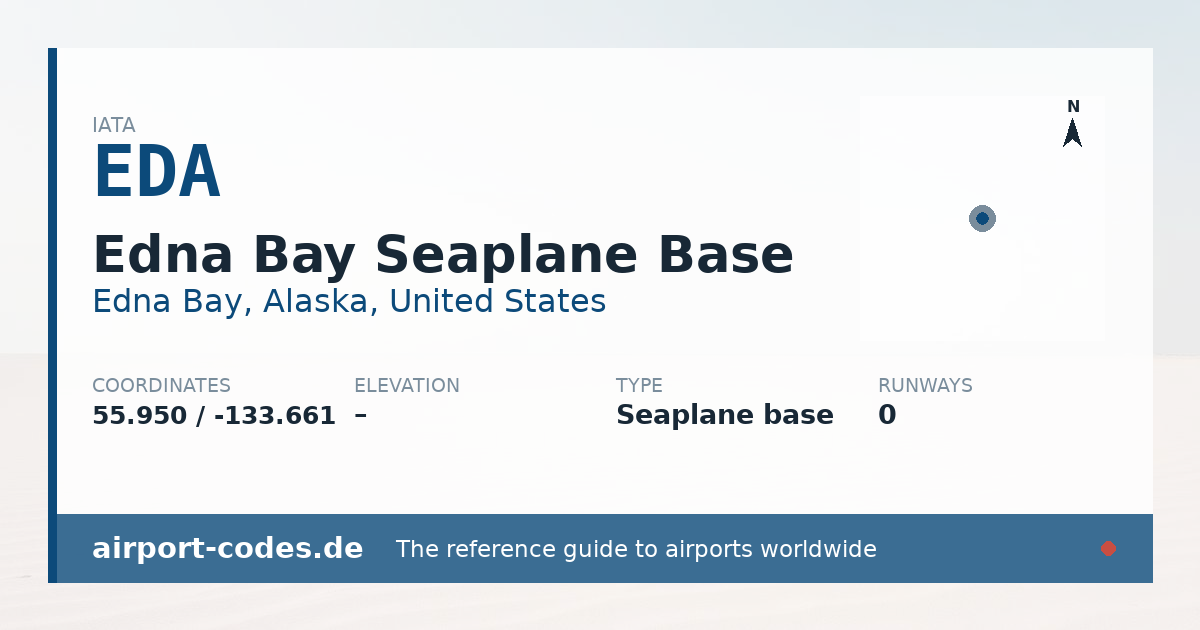 Generated summary graphic for Edna Bay Seaplane Base showing codes, coordinates and a runway sketch