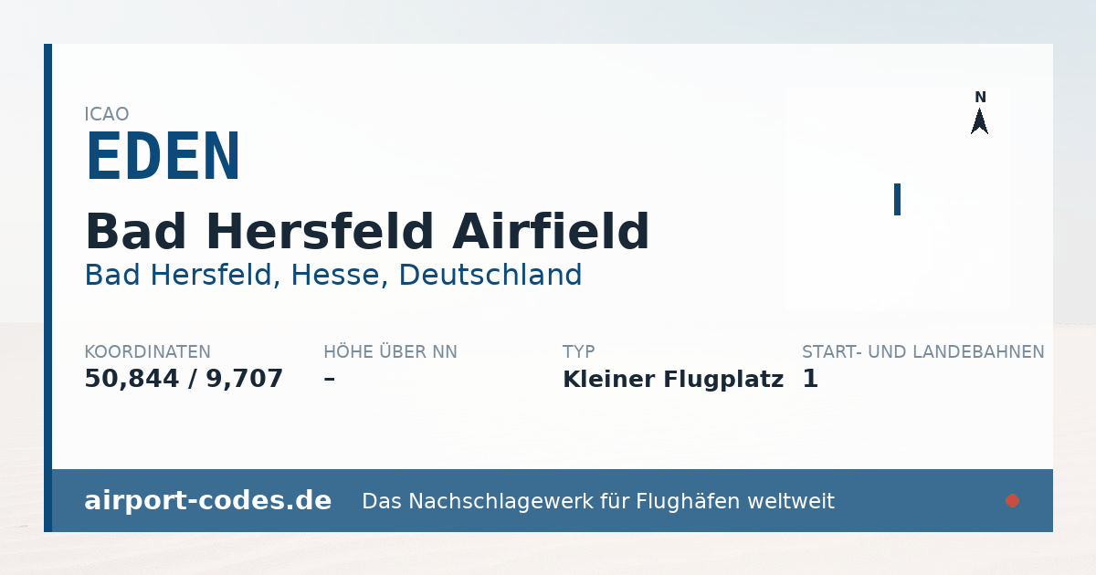 Generierte Übersichtsgrafik zum Flughafen Bad Hersfeld Airfield mit Codes, Koordinaten und Bahnenskizze