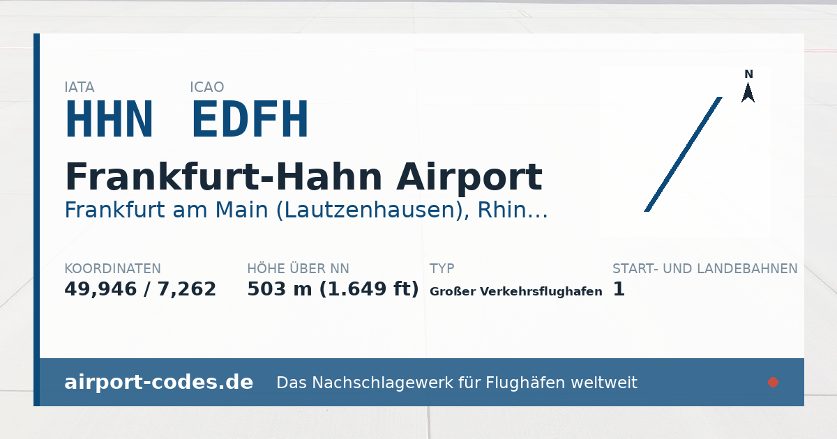 Generierte Übersichtsgrafik zum Flughafen Frankfurt-Hahn Airport mit Codes, Koordinaten und Bahnenskizze