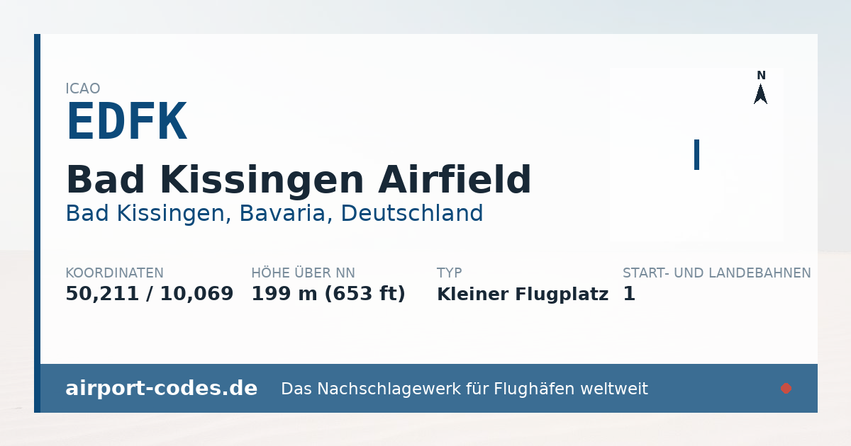 Generierte Übersichtsgrafik zum Flughafen Bad Kissingen Airfield mit Codes, Koordinaten und Bahnenskizze