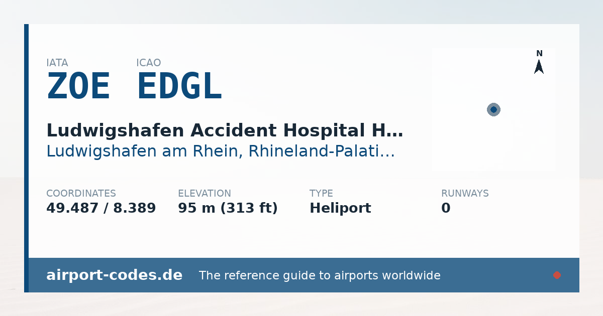 Generated summary graphic for Ludwigshafen Accident Hospital Heliport showing codes, coordinates and a runway sketch