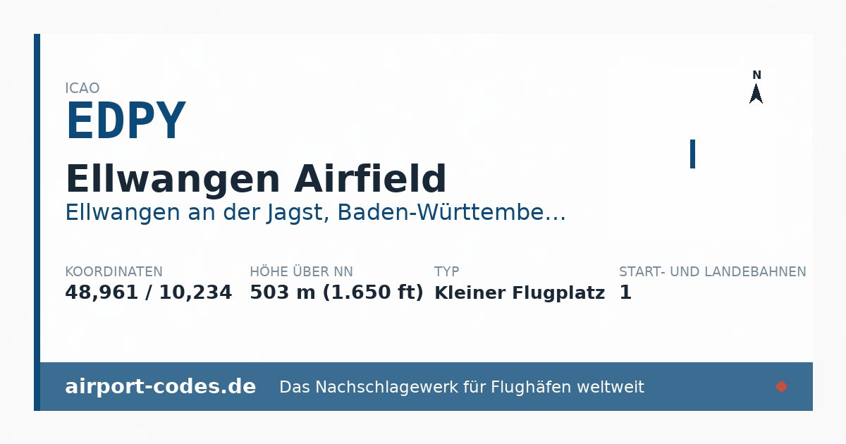 Generierte Übersichtsgrafik zum Flughafen Ellwangen Airfield mit Codes, Koordinaten und Bahnenskizze