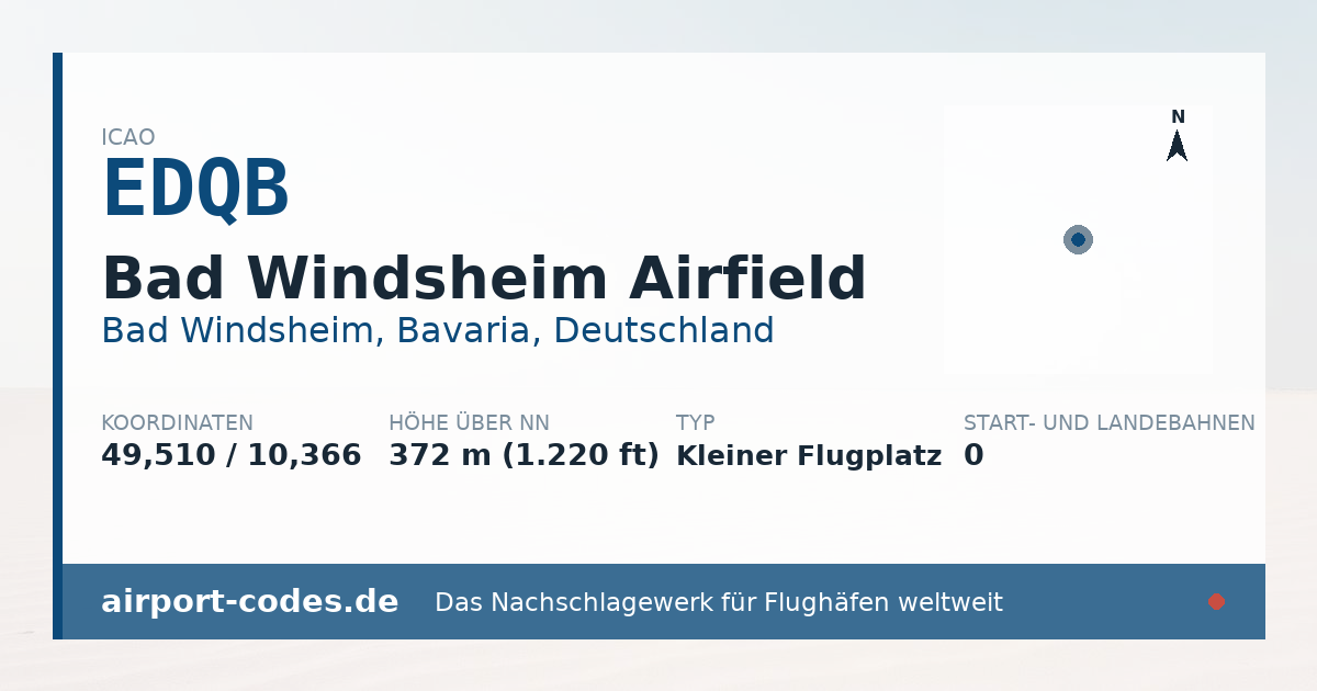 Generierte Übersichtsgrafik zum Flughafen Bad Windsheim Airfield mit Codes, Koordinaten und Bahnenskizze