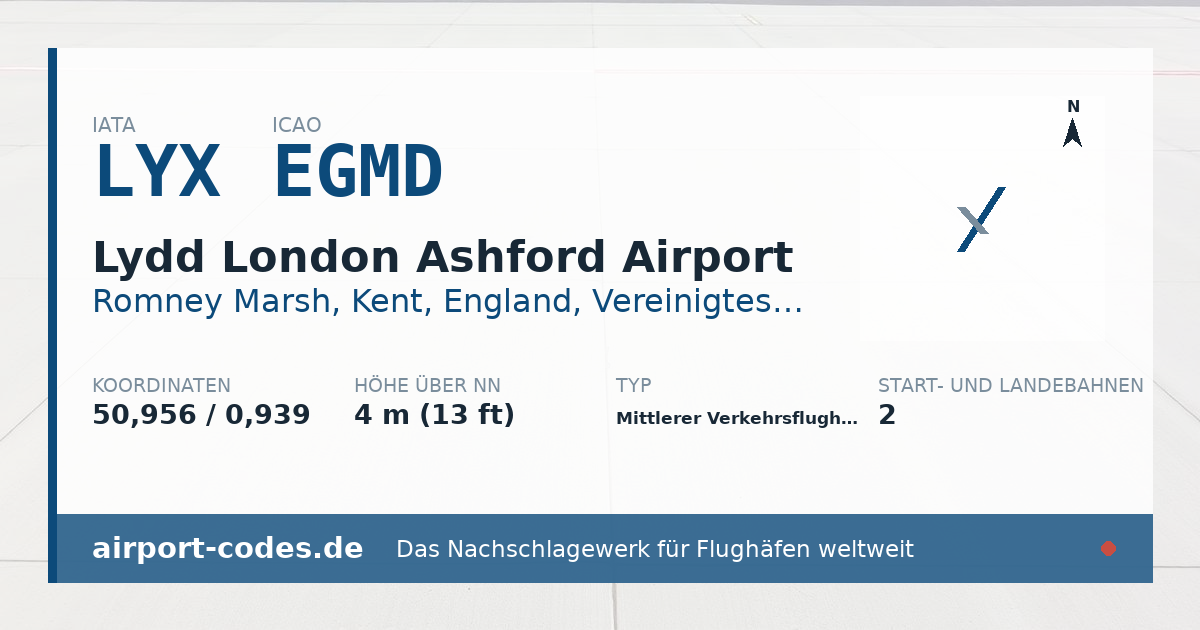 Generierte Übersichtsgrafik zum Flughafen Lydd London Ashford Airport mit Codes, Koordinaten und Bahnenskizze