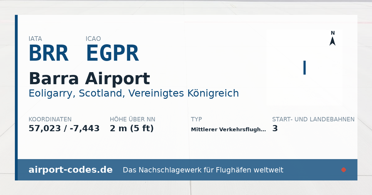 Generierte Übersichtsgrafik zum Flughafen Barra Airport mit Codes, Koordinaten und Bahnenskizze