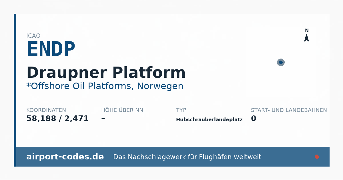 Generierte Übersichtsgrafik zum Flughafen Draupner Platform mit Codes, Koordinaten und Bahnenskizze