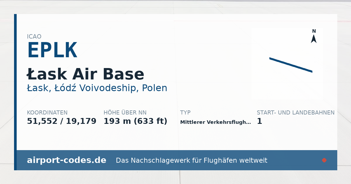 Generierte Übersichtsgrafik zum Flughafen Łask Air Base mit Codes, Koordinaten und Bahnenskizze
