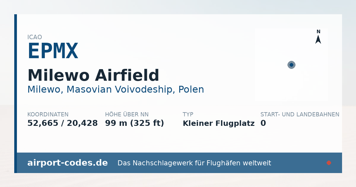 Generierte Übersichtsgrafik zum Flughafen Milewo Airfield mit Codes, Koordinaten und Bahnenskizze