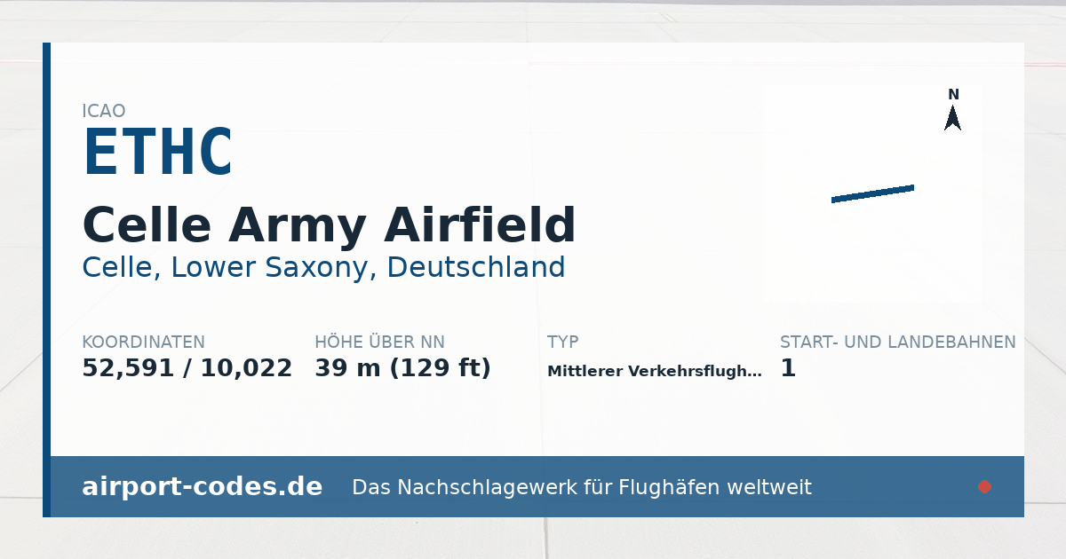 Generierte Übersichtsgrafik zum Flughafen Celle Army Airfield mit Codes, Koordinaten und Bahnenskizze