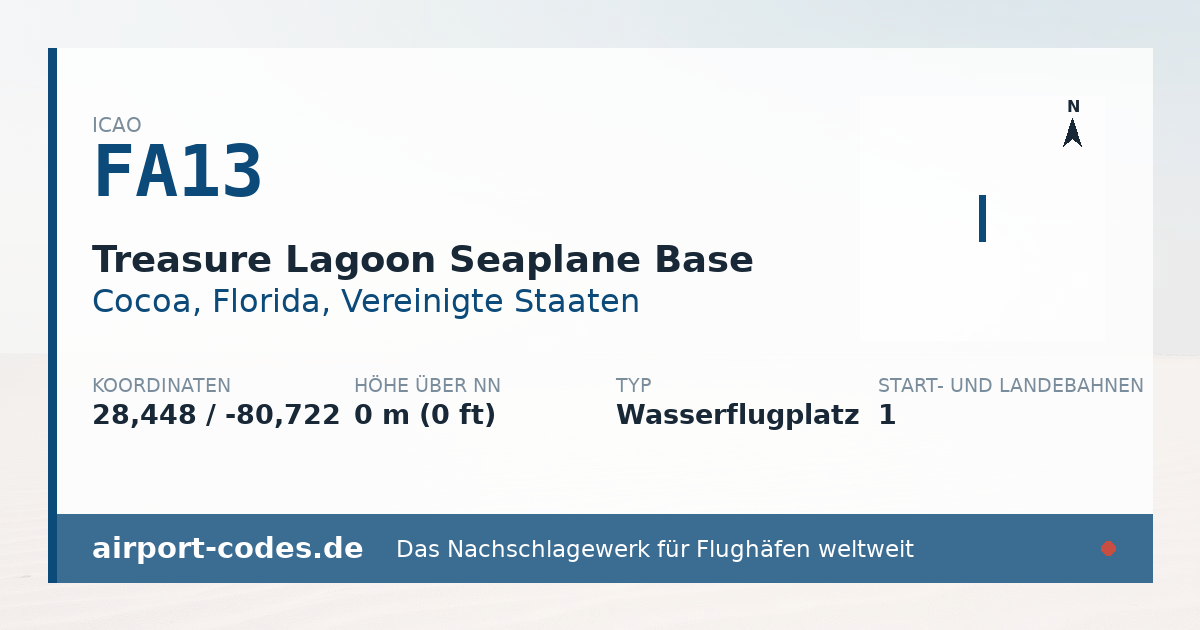 Generierte Übersichtsgrafik zum Flughafen Treasure Lagoon Seaplane Base mit Codes, Koordinaten und Bahnenskizze
