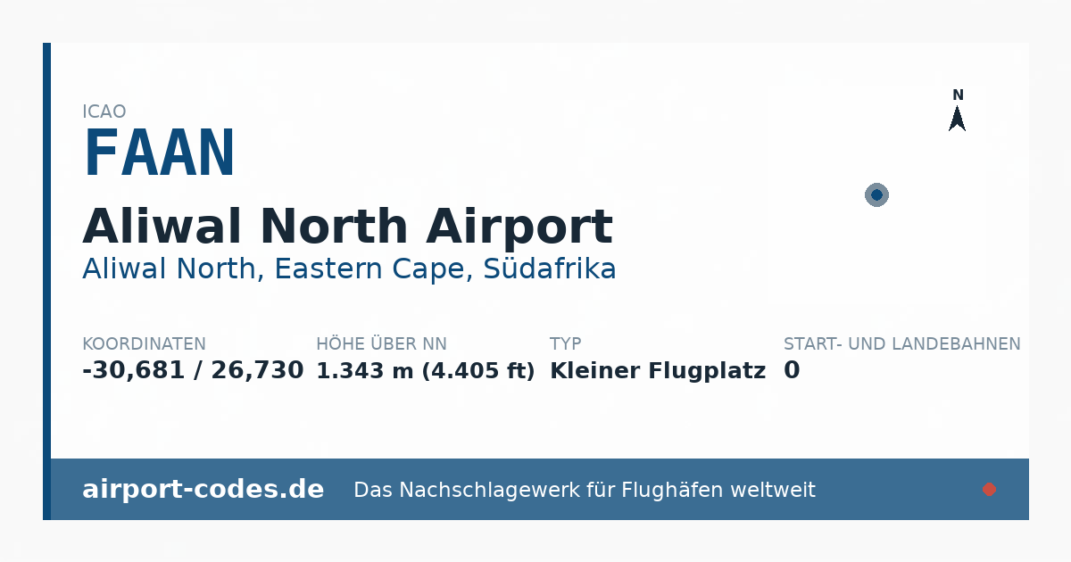 Generierte Übersichtsgrafik zum Flughafen Aliwal North Airport mit Codes, Koordinaten und Bahnenskizze