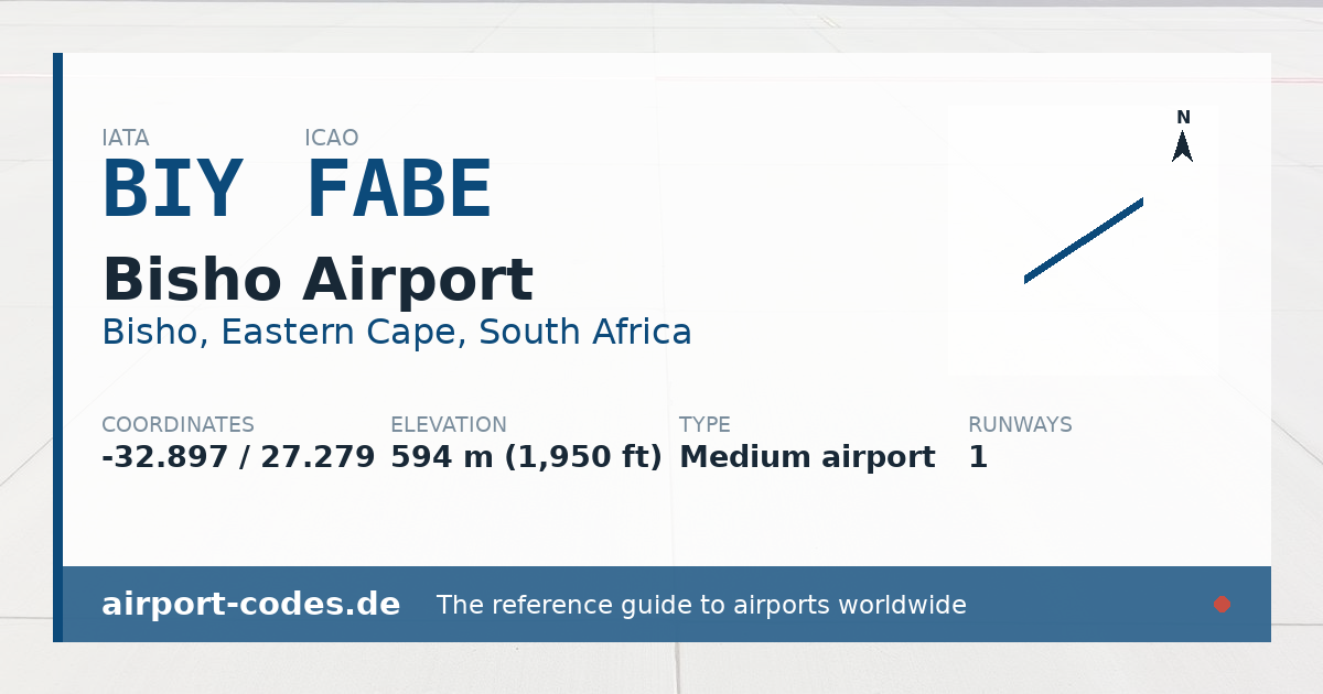 Generated summary graphic for Bisho Airport showing codes, coordinates and a runway sketch