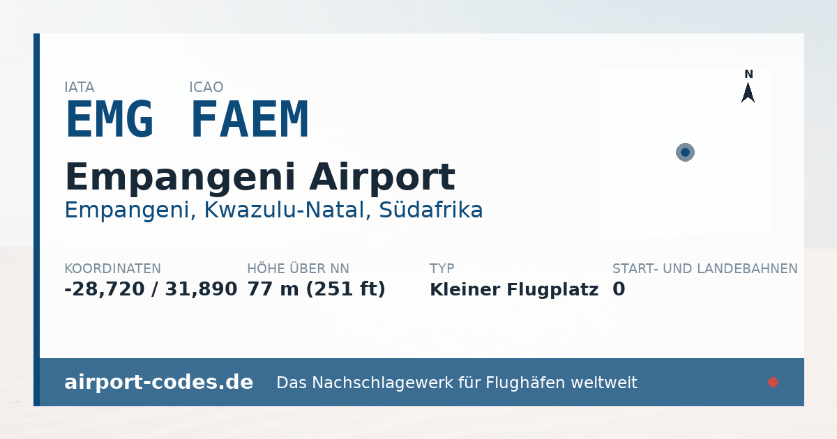 Generierte Übersichtsgrafik zum Flughafen Empangeni Airport mit Codes, Koordinaten und Bahnenskizze