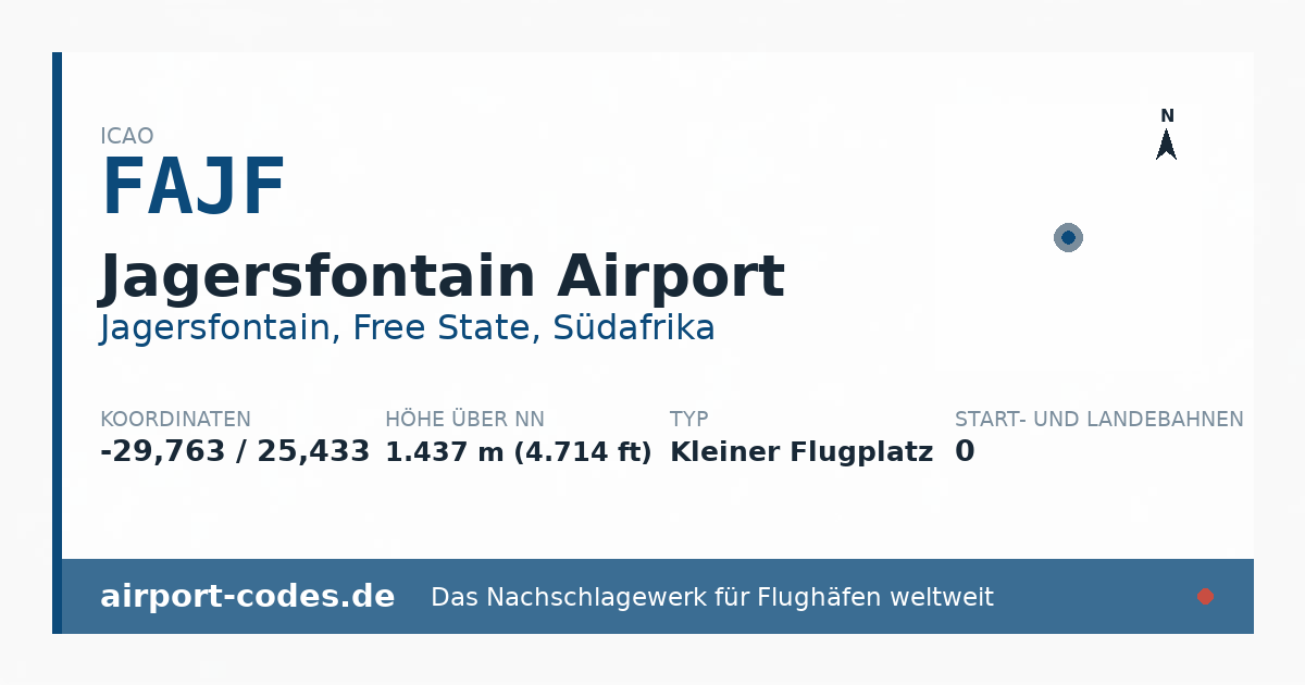Generierte Übersichtsgrafik zum Flughafen Jagersfontain Airport mit Codes, Koordinaten und Bahnenskizze