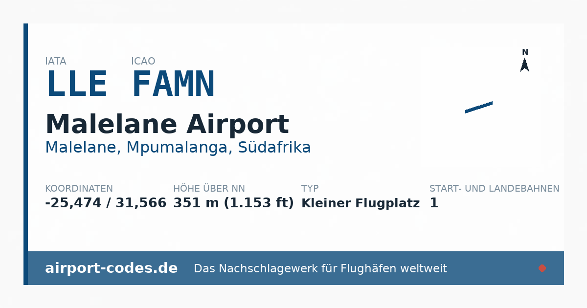 Generierte Übersichtsgrafik zum Flughafen Malelane Airport mit Codes, Koordinaten und Bahnenskizze
