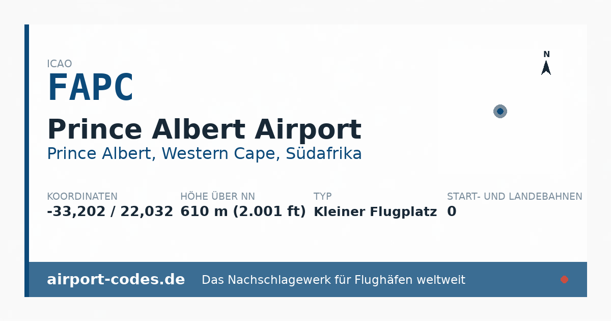 Generierte Übersichtsgrafik zum Flughafen Prince Albert Airport mit Codes, Koordinaten und Bahnenskizze