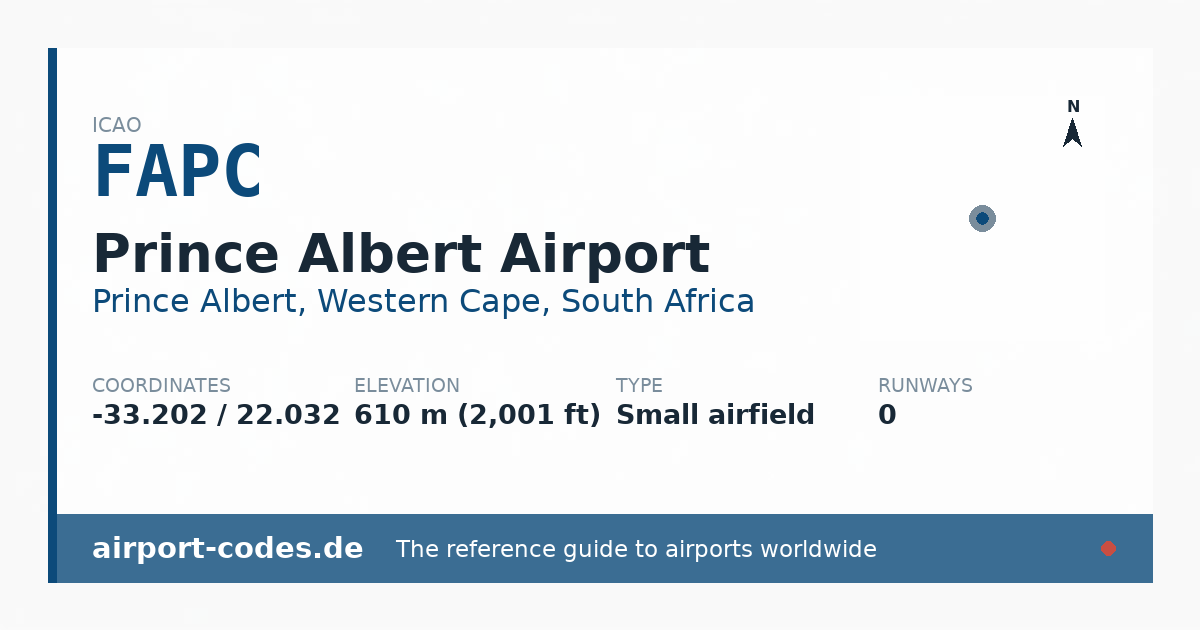 Generated summary graphic for Prince Albert Airport showing codes, coordinates and a runway sketch