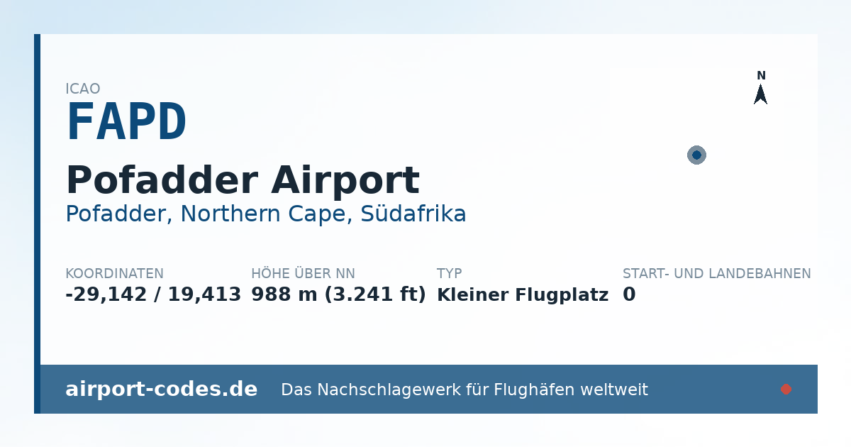 Generierte Übersichtsgrafik zum Flughafen Pofadder Airport mit Codes, Koordinaten und Bahnenskizze