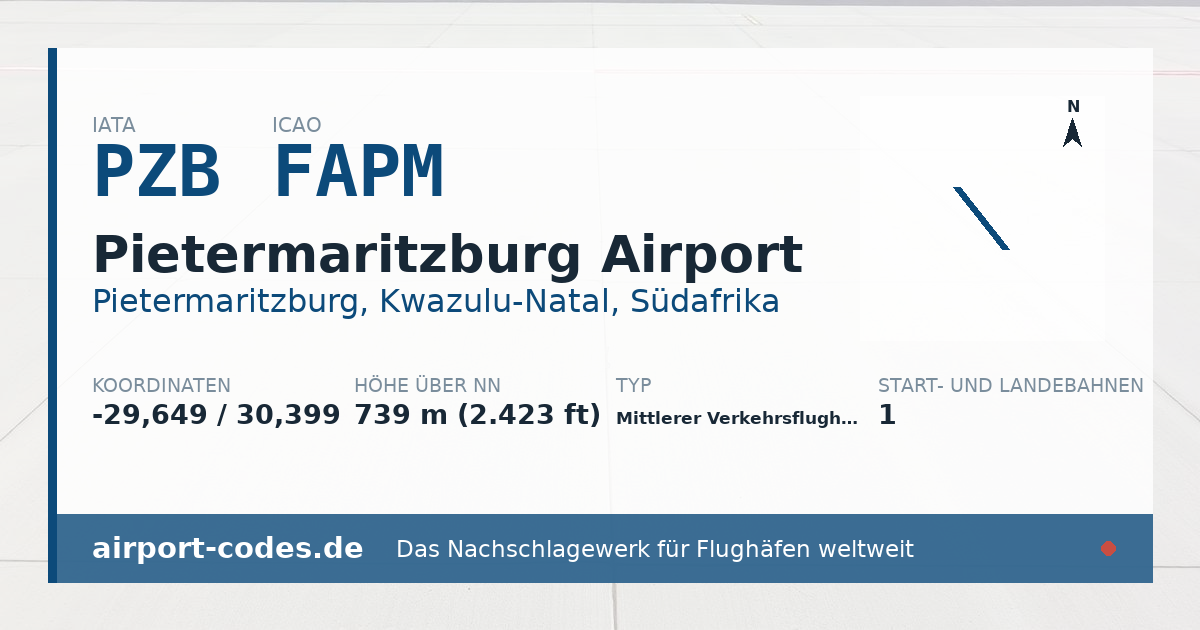 Generierte Übersichtsgrafik zum Flughafen Pietermaritzburg Airport mit Codes, Koordinaten und Bahnenskizze