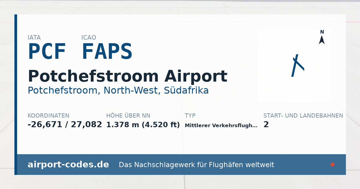 Generierte Übersichtsgrafik zum Flughafen Potchefstroom Airport mit Codes, Koordinaten und Bahnenskizze
