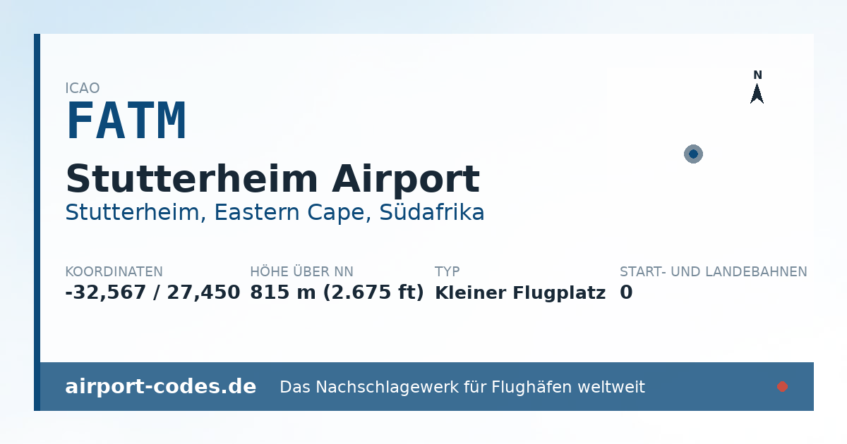 Generierte Übersichtsgrafik zum Flughafen Stutterheim Airport mit Codes, Koordinaten und Bahnenskizze
