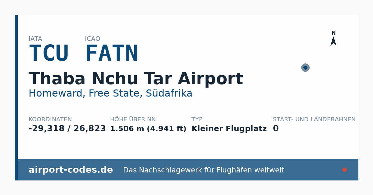 Generierte Übersichtsgrafik zum Flughafen Thaba Nchu Tar Airport mit Codes, Koordinaten und Bahnenskizze