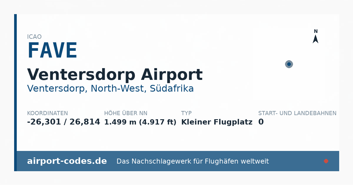 Generierte Übersichtsgrafik zum Flughafen Ventersdorp Airport mit Codes, Koordinaten und Bahnenskizze