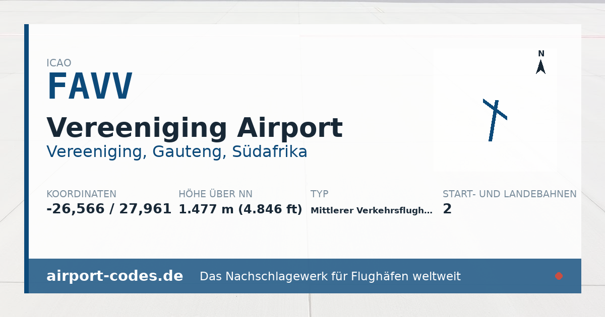 Generierte Übersichtsgrafik zum Flughafen Vereeniging Airport mit Codes, Koordinaten und Bahnenskizze