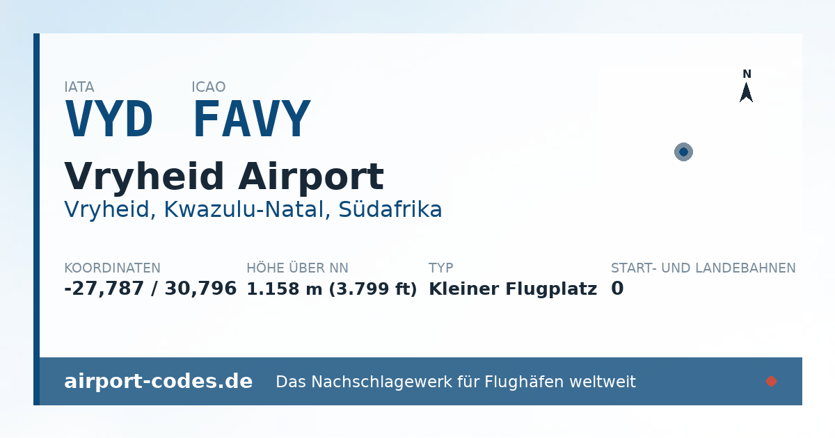 Generierte Übersichtsgrafik zum Flughafen Vryheid Airport mit Codes, Koordinaten und Bahnenskizze